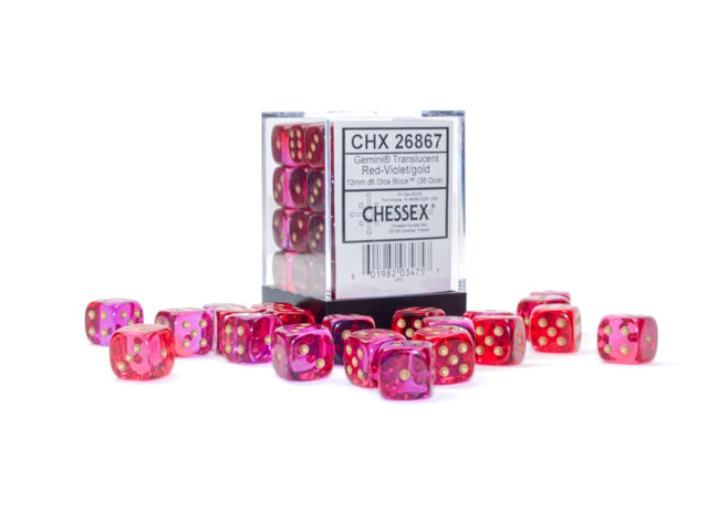 Gemini Translucent Red-Violet/gold 12mm d6 Dice Block (36 dice)