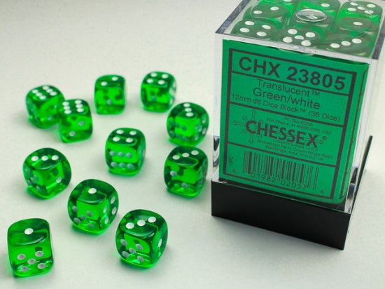 Translucent Green/white 12mm d6 Dice Block (36 dice)