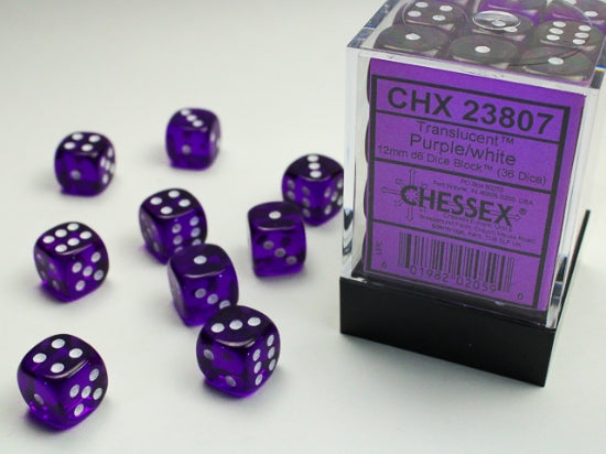 Translucent Purple/white 12mm d6 Dice Block (36 dice)