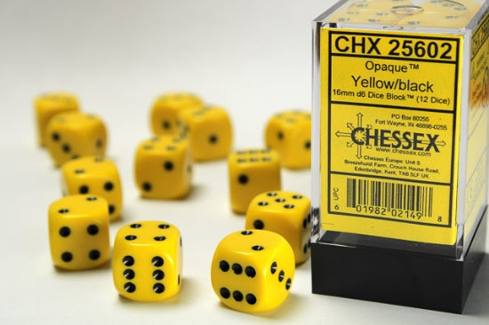 Opaque Yellow/black 16mm d6 Dice Block (12 dice)