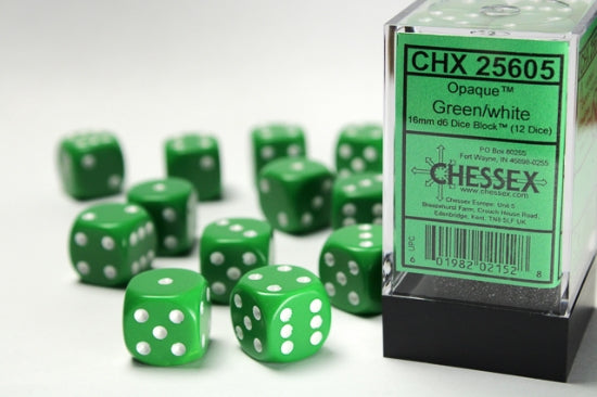 Opaque Green/white 16mm d6 Dice Block (12 dice)