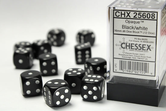 Opaque Black/white 16mm d6 Dice Block (12 dice)