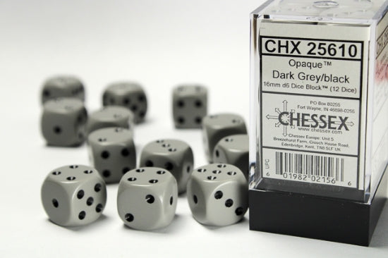 Opaque Grey/black 16mm d6 Dice Block (12 dice)