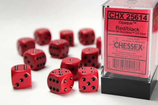 Opaque Red/black 16mm d6 Dice Block (12 dice)
