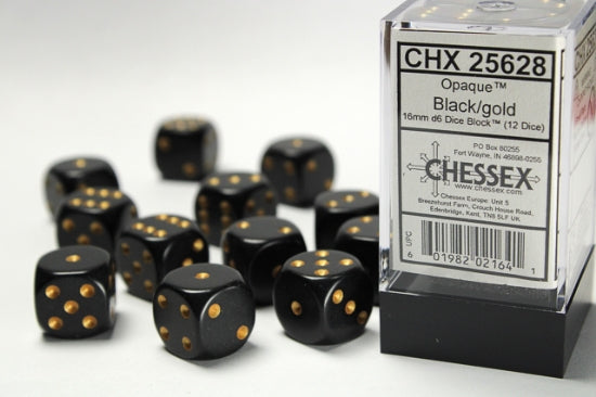 Opaque Black/gold 16mm d6 Dice Block (12 dice)
