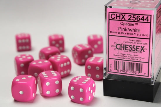 Opaque Pink/white 16mm d6 Dice Block (12 dice)
