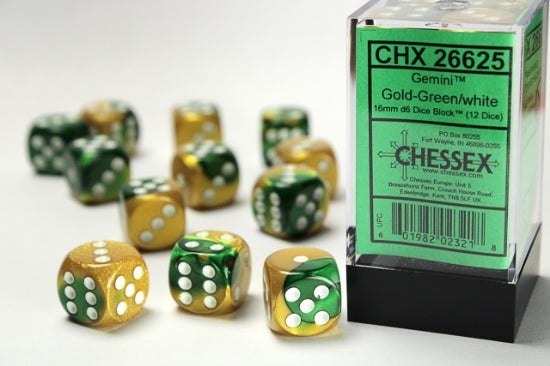 Gemini Gold-Green/white 16mm d6 Dice Block (12 dice)