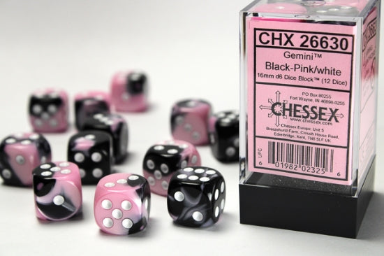 Gemini Black-Pink/white 16mm d6 Dice Block (12 dice)
