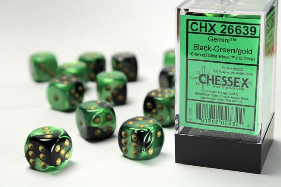 Gemini Black-Green/gold 16mm d6 Dice Block (12 dice)