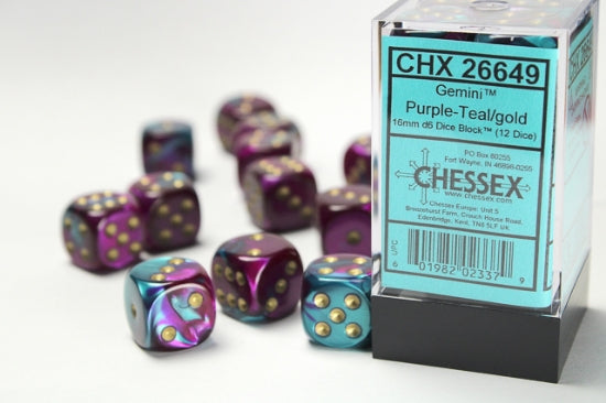 Gemini Purple-Teal/gold 16mm d6 Dice Block (12 dice)