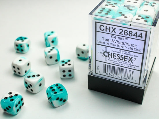 Gemini Teal-White/black 12mm d6 Dice Block (36 dice)