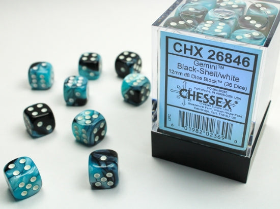 Gemini Black-Shell/white 12mm d6 Dice Block (36 dice)