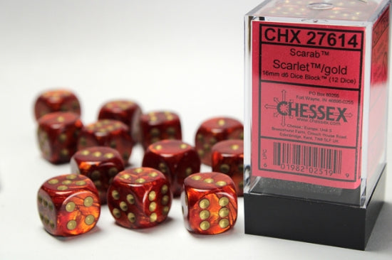 Scarab Scarlet/gold 16mm d6 Dice Block (12 dice)