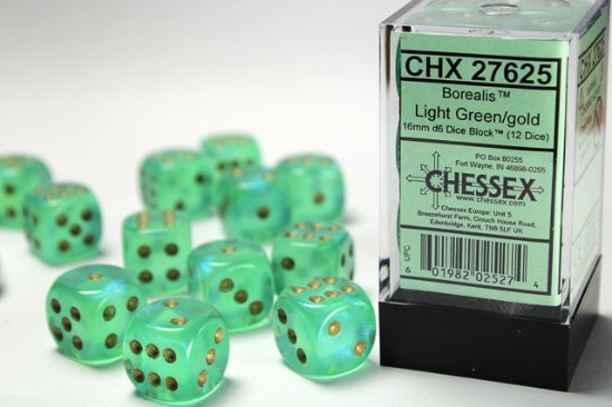 Borealis Light Green/gold 16mm d6 Dice Block (12 dice)