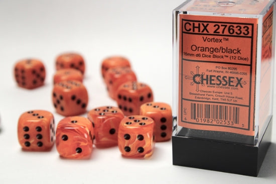 Vortex Orange/black 16mm d6 Dice Block (12 dice)