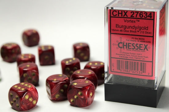 Vortex Burgundy/gold 16mm d6 Dice Block (12 dice)