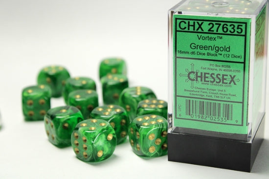 Vortex Green/gold 16mm d6 Dice Block (12 dice)