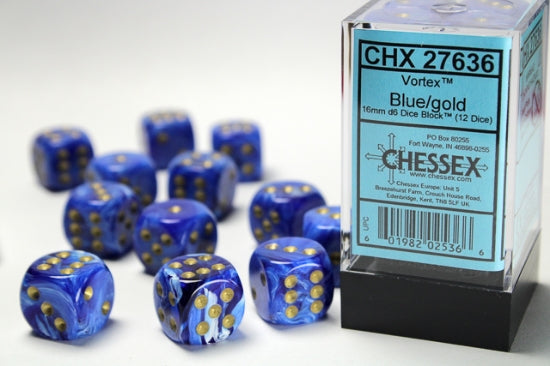 Vortex Blue/gold 16mm d6 Dice Block (12 dice)