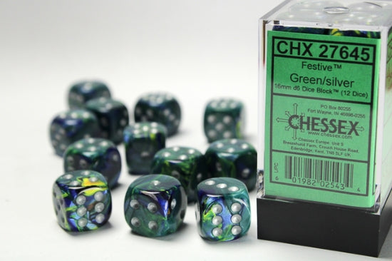 Festive Green/silver 16mm d6 Dice Block (12 dice)