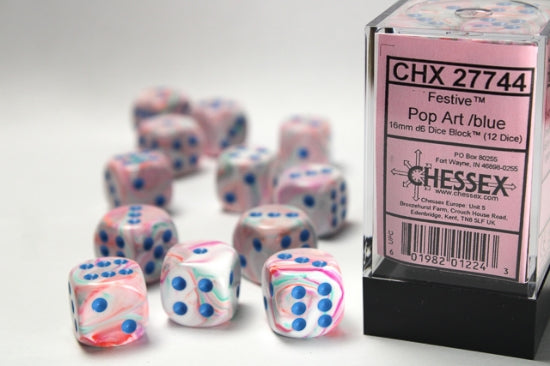 Festive Pop Art/blue 16mm d6 Dice Block (12 dice)