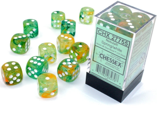 Nebula Spring/white Luminary 16mm d6 Dice Block (12 dice)