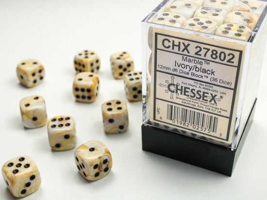 Marble Ivory/black 12mm d6 Dice Block (36 dice)