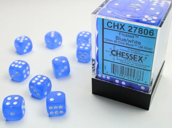 Frosted Blue/white 12mm d6 Dice Block (36 dice)