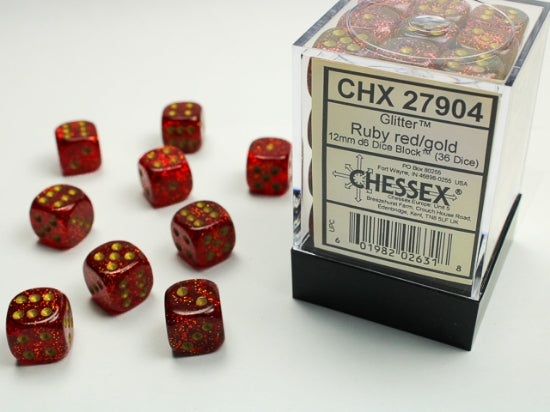 Glitter Ruby/gold 12mm d6 Dice Block (36 dice)