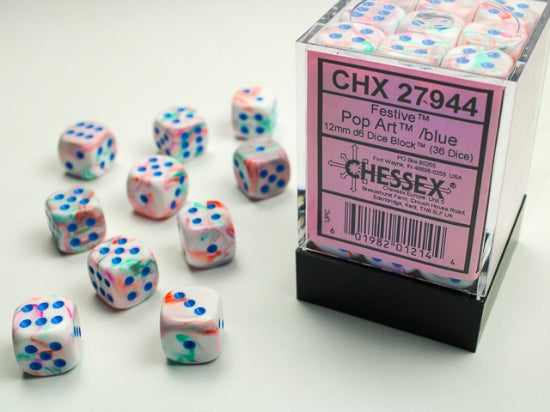 Festive Pop Art/blue 12mm d6 Dice Block (36 dice)