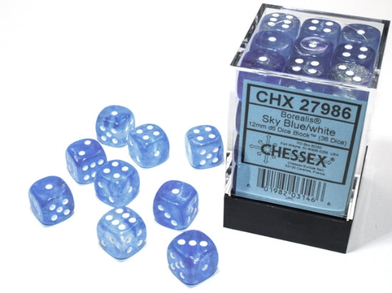 Borealis Sky Blue/white Luminary 12mm d6 Dice Block (36 dice)