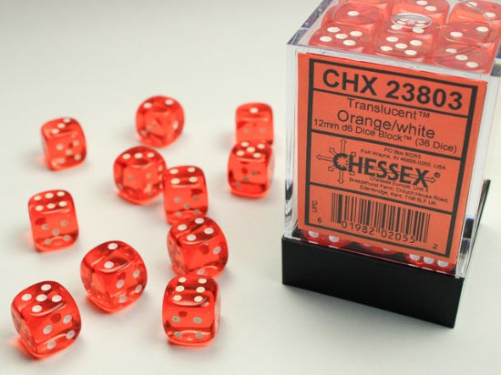 Translucent Orange/white 12mm d6 Dice Block (36 dice)