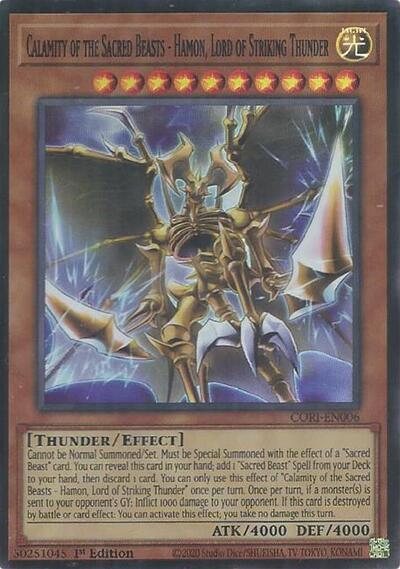 Calamity of the Sacred Beasts - Hamon, Lord of Striking Thunder (Super Rare) [CORI-EN006-SuR]