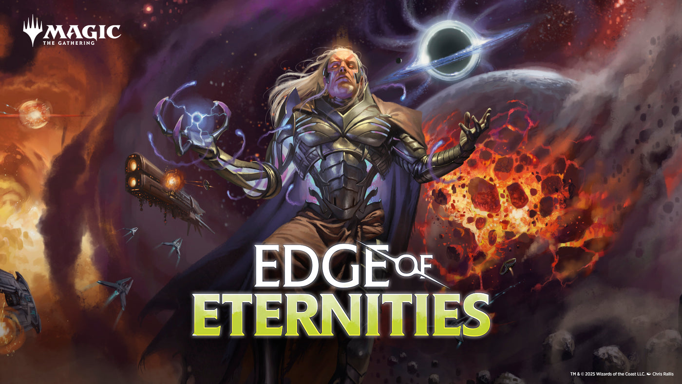 Promotional image for 'Edge of Eternities' from Magic: The Gathering with a character in armor against a cosmic background.