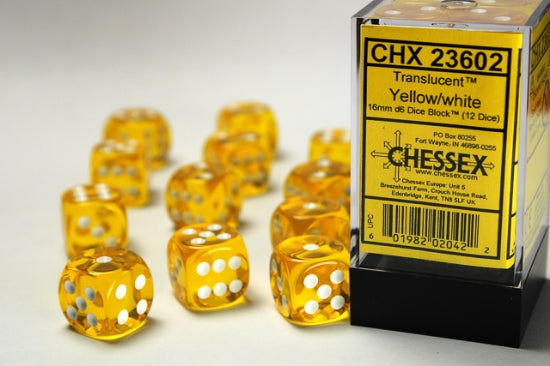 Translucent Yellow/white 16mm d6 Dice Block (12 dice)