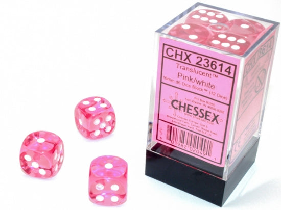 Translucent Pink/white 16mm d6 Dice Block (12 dice)