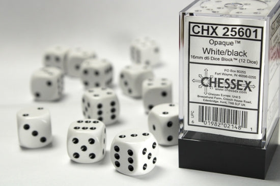 Opaque White/black 16mm d6 Dice Block (12 dice)