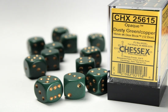 Opaque Dusty Green/copper 16mm d6 Dice Block (12 dice)