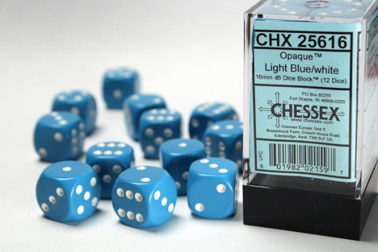 Opaque Light Blue/white 16mm d6 Dice Block (12 dice)