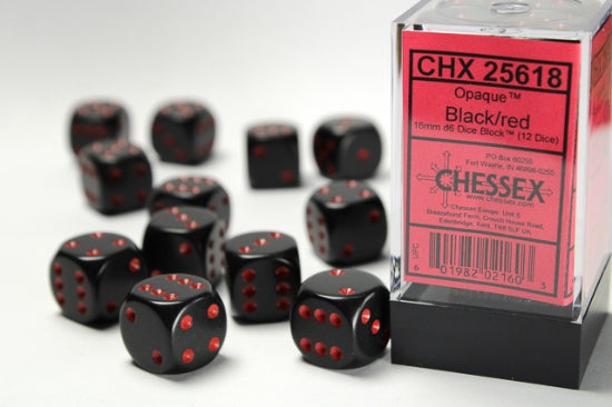 Opaque Black/red 16mm d6 Dice Block (12 dice)