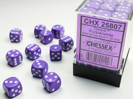 Opaque Purple/white 12mm d6 Dice Block (36 dice)