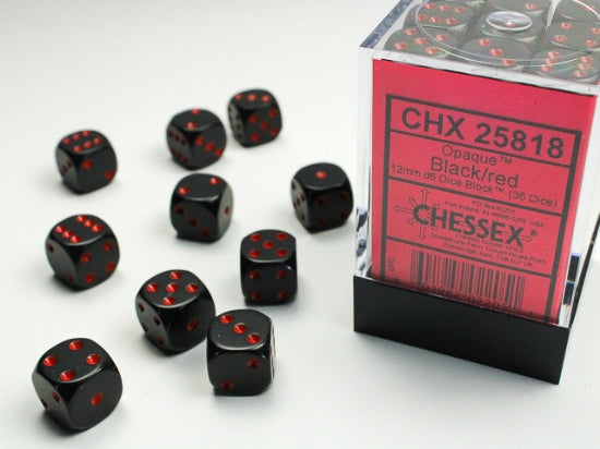 Opaque Black/red 12mm d6 Dice Block (36 dice)