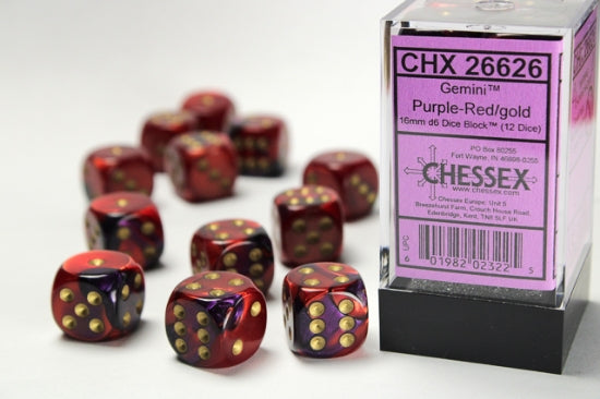 Gemini Purple-Red/gold 16mm d6 Dice Block (12 dice)