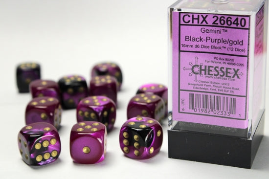 Gemini Black-Purple/gold 16mm d6 Dice Block (12 dice)
