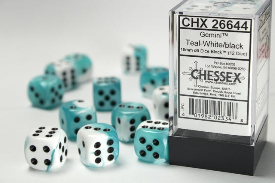 Gemini Teal-White/black 16mm d6 Dice Block (12 dice)