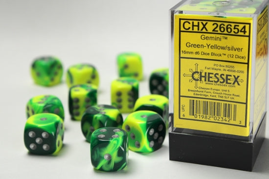 Gemini Green-Yellow/silver 16mm d6 Dice Block (12 dice)