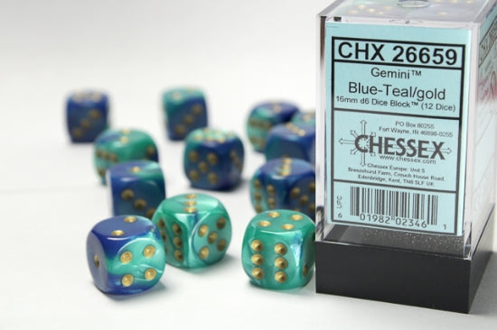 Gemini Blue-Teal/gold 16mm d6 Dice Block (12 dice)
