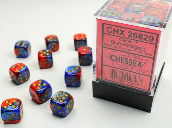Gemini Blue-Red/gold 12mm d6 Dice Block (36 dice)