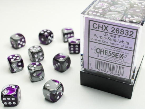 Gemini Purple-Steel/white 12mm d6 Dice Block (36 dice)