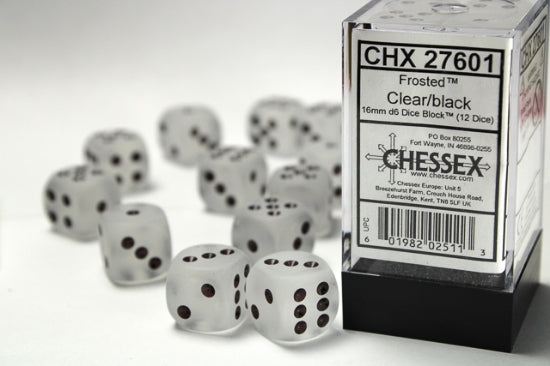 Frosted Clear/black 16mm d6 Dice Block (12 dice)