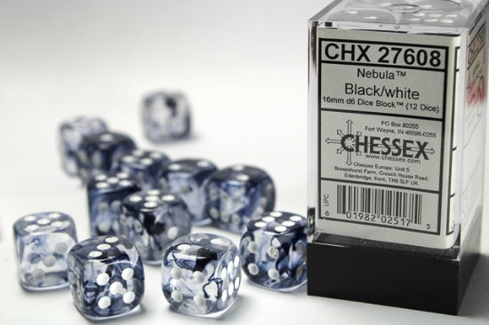Nebula Black/white 16mm d6 Dice Block (12 dice)